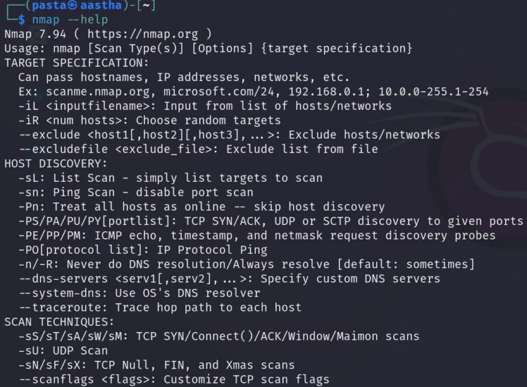 Nmap Enumeration Command Reference showing terminal options for host discovery, port scanning, service detection, and NSE scripts.