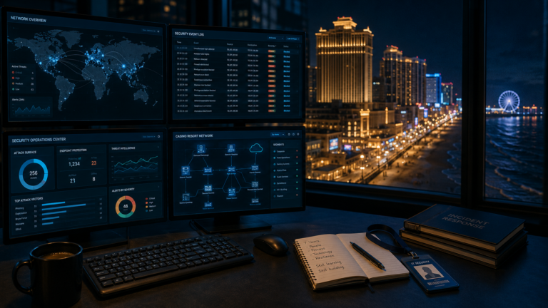 Seven Years in Cybersecurity at Resorts Casino with security dashboards, network monitoring, and the Atlantic City casino skyline
