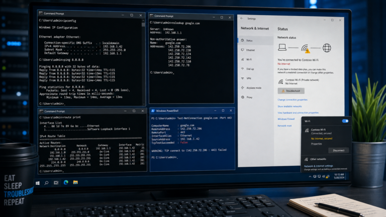 Windows connected but no Internet troubleshooting with Command Prompt, PowerShell, DNS, routing, and network diagnostics