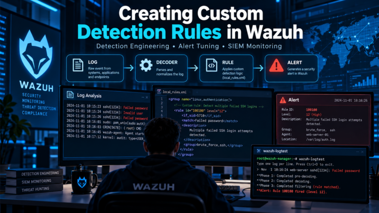 Creating Custom Detection Rules in Wazuh showing XML detection rules, log analysis, decoders, security alerts, and SIEM monitoring.