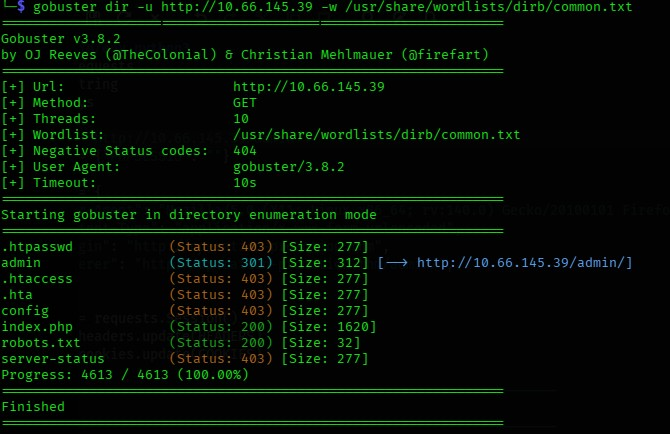 Gobuster directory enumeration results on the Operation Promotion TryHackMe room showing discovered paths including admin, config, index.php and robots.txt
