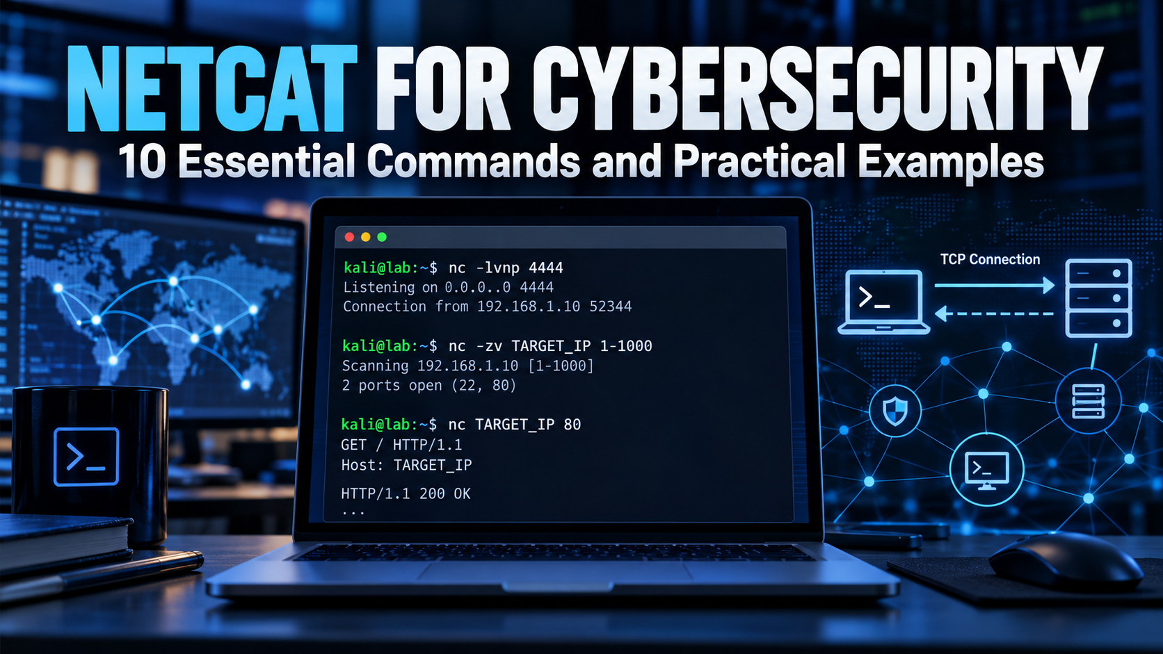Netcat for cybersecurity featured image showing Kali Linux terminal commands for port scanning, TCP connections, Netcat listeners, and network troubleshooting.