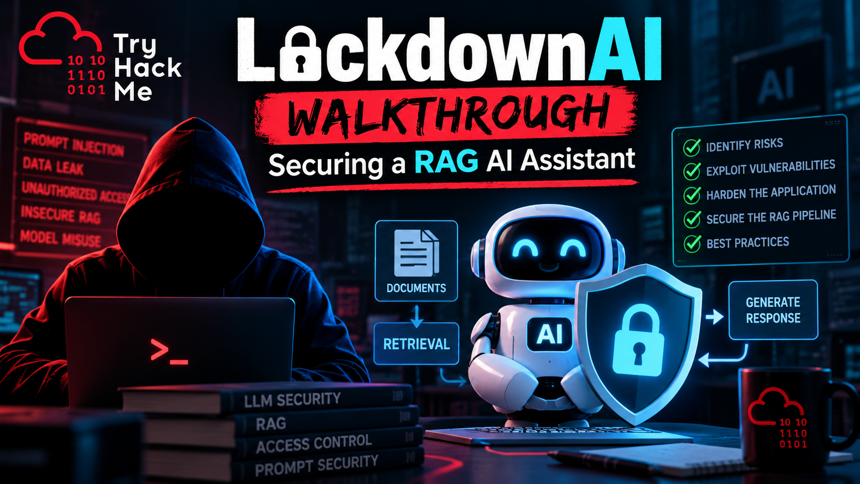 TryHackMe LockdownAI Walkthrough illustrating a secured RAG AI assistant with a digital shield protecting its knowledge database.
