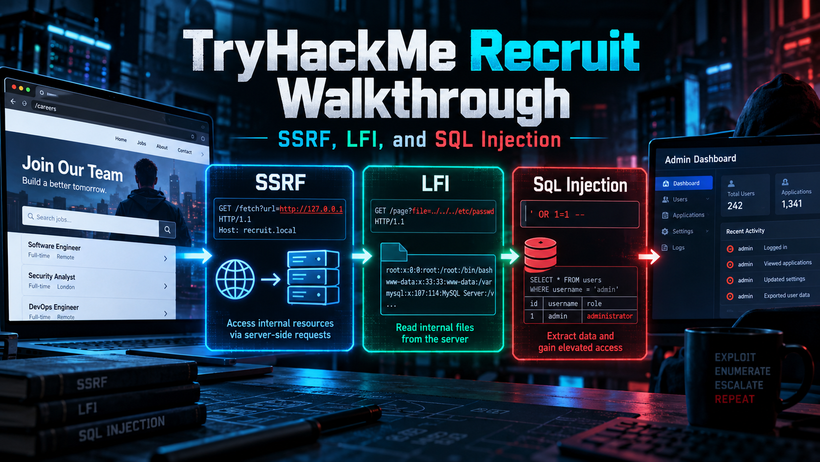 TryHackMe Recruit Walkthrough showing SSRF, Local File Inclusion (LFI), and SQL Injection vulnerabilities used to compromise a vulnerable recruitment portal.