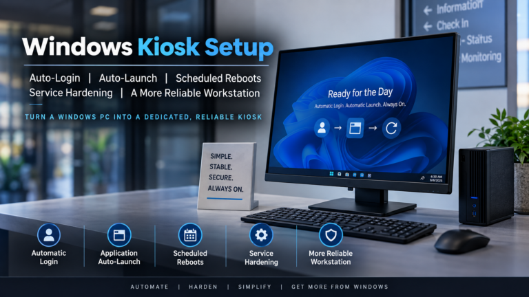 Windows kiosk setup showing automatic login, application auto-launch, scheduled reboots, and service hardening on a dedicated workstation.