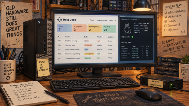 osTicket internal help desk running on repurposed old hardware with Proxmox, Linux virtual machines, and external backups