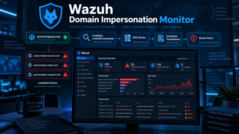 Wazuh Domain Impersonation Monitor detecting suspicious lookalike domains using DNS and Certificate Transparency