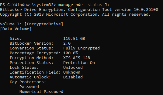 BitLocker USB encryption verification showing a 128 GB drive fully encrypted with XTS-AES-128 and password protection enabled