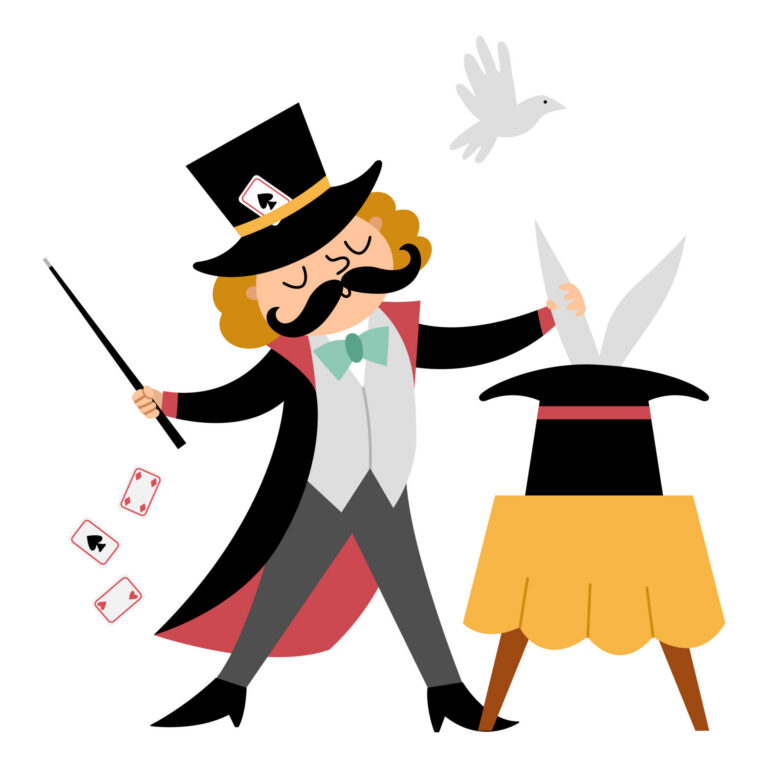 Ocean City First Night magician illustration with playing cards, a top hat, magic wand, rabbit, and dove.